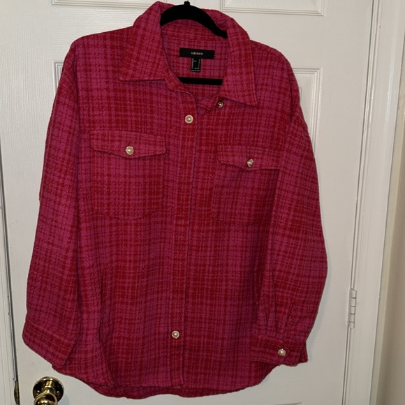 Forever 21 Plaid Longline Shacket Size L Color Fuchsia Berry - Picture 2 of 8